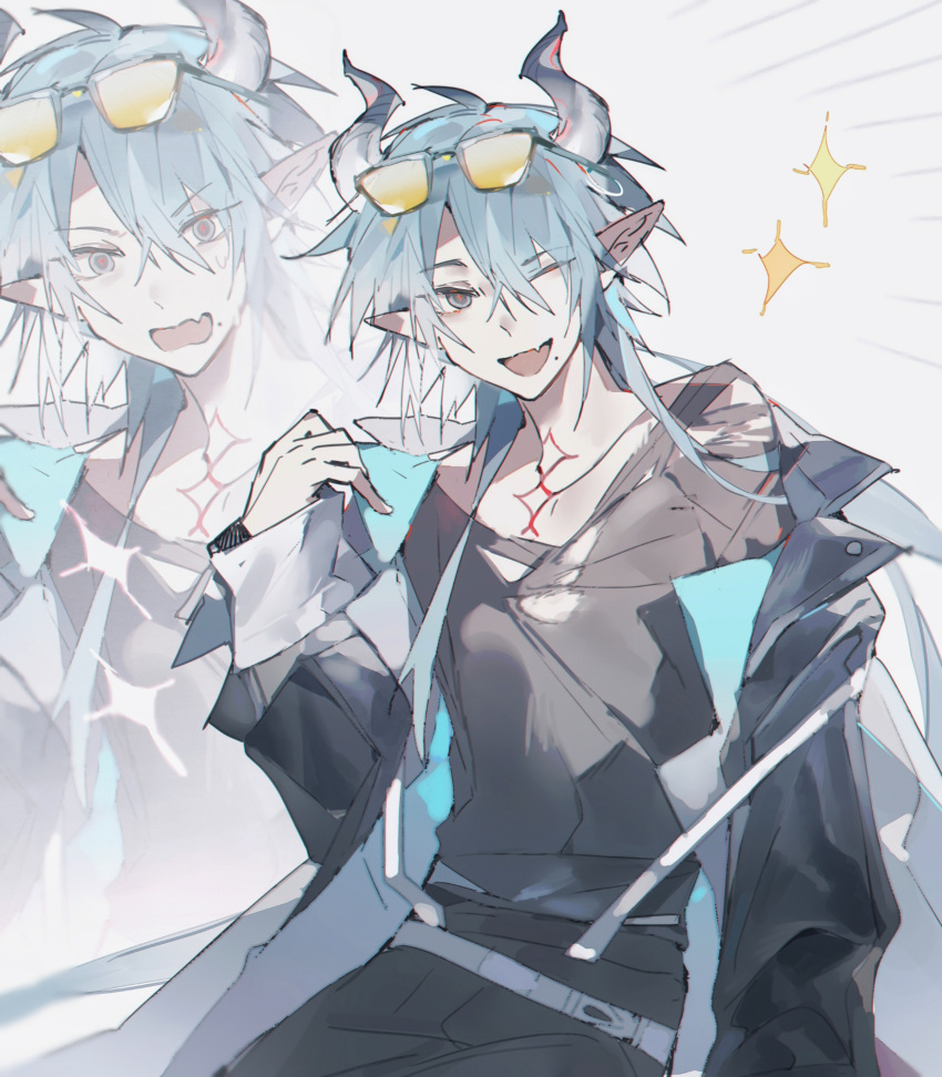 1boy, absurdres, aqua_hair, arknights, black_background, black_eyes, black_horns, black_jacket