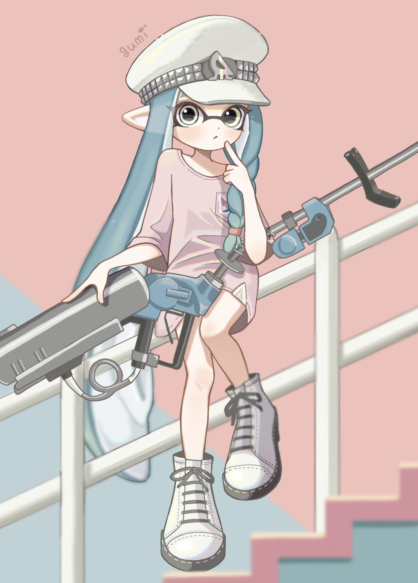 1girl, blue_background, blue_hair, blush, closed_mouth, commentary, cross-laced_footwear, e-liter_4k_(splatoon)