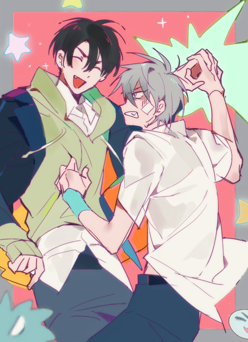 2boys, ^_^, alien_stage, aqua_wrist_cuffs, black_hair, black_jacket, black_pants, blue_eyes