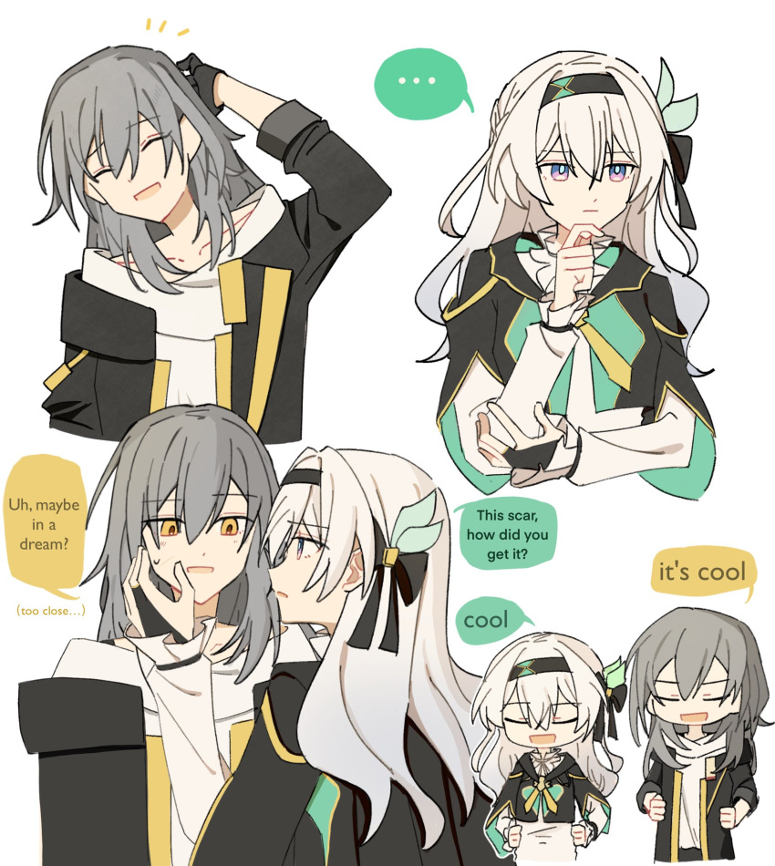 beibc_eee, closed_eyes, english_text, firefly_(honkai:_star_rail), grey_hair, hair_between_eyes, hair_ornament, hair_ribbon, hairband, hand_on_another's_face, highres, jacket, open_clothes, open_jacket, open_mouth, ribbon, speech_bubble, stelle_(honkai:_star_rail), trailblazer_(honkai:_star_rail)