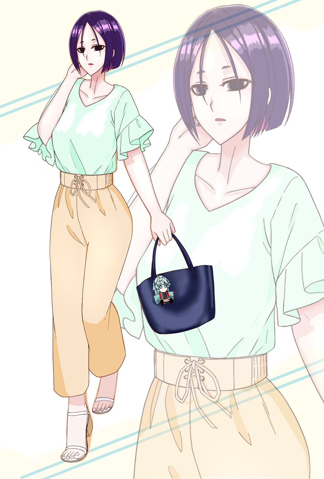 1girl, bag, black_bag, character_charm, charm_(object), fate/samurai_remnant, fate_(series), green_shirt, hand_on_own_cheek, hand_on_own_face, high_heels, highres, holding, holding_bag, jewelry, multiple_girls, open_mouth, pants, purple_hair, shirt, short_hair, short_sleeves, solo, tic, ushi_gozen_(fate), yui_shousetsu_(fate)