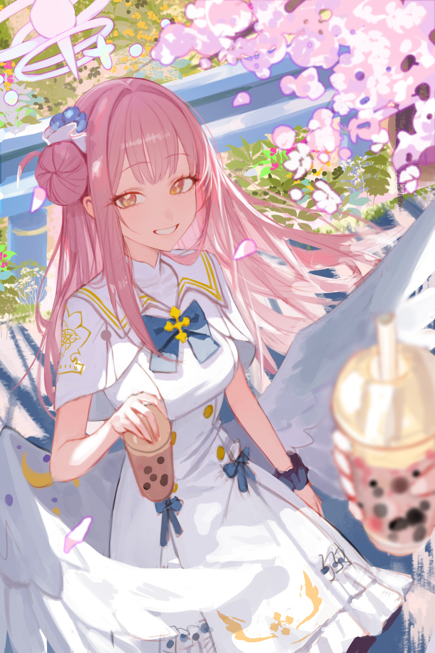 1girl, absurdres, angel_wings, blue_archive, blurry, breasts, bubble_tea, capelet