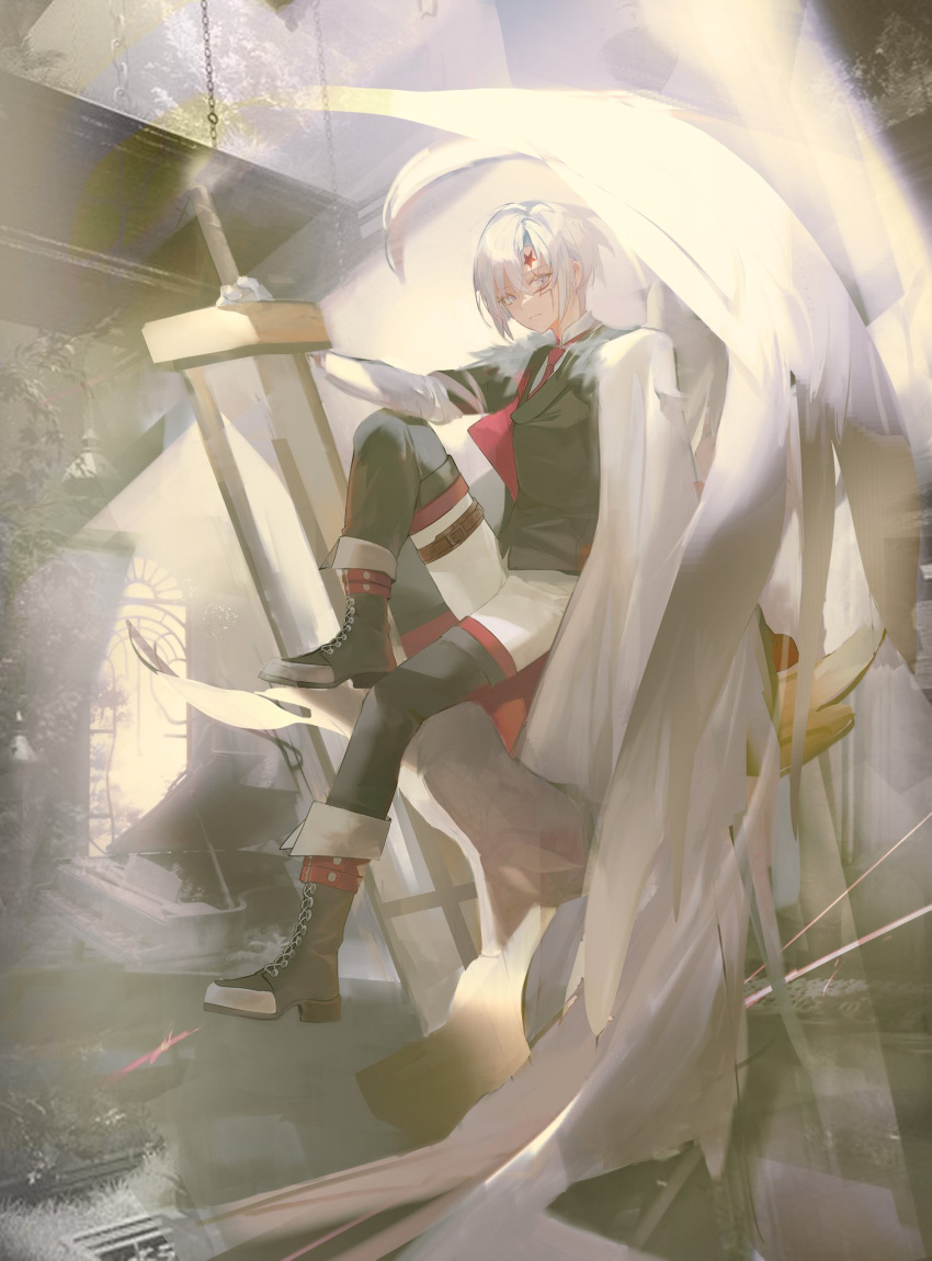 1boy, allen_walker, black_pants, black_suit, boots, brown_footwear, cape, cloak, d.gray-man, dress_shirt, facial_mark, fur-trimmed_cape, fur_trim, gloves, highres, holding, holding_weapon, huge_weapon, instrument, looking_at_viewer, mibe_(goforit_mibe), necktie, pants, piano, red_necktie, shirt, shorts, solo, suit, sword, thigh_strap, violet_eyes, weapon, white_cloak, white_gloves, white_hair, white_shirt, white_shorts, white_wings, window, wings