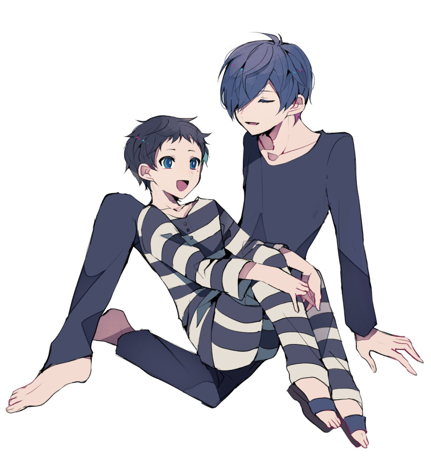 2boys, arm_support, barefoot, black_hair, black_shirt, blue_eyes, blue_hair, child