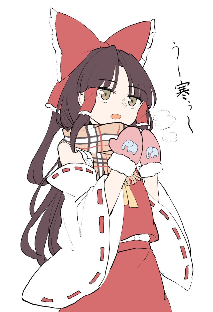 1girl, animal_print, ascot, bow, breath, brown_eyes, brown_hair, commentary_request