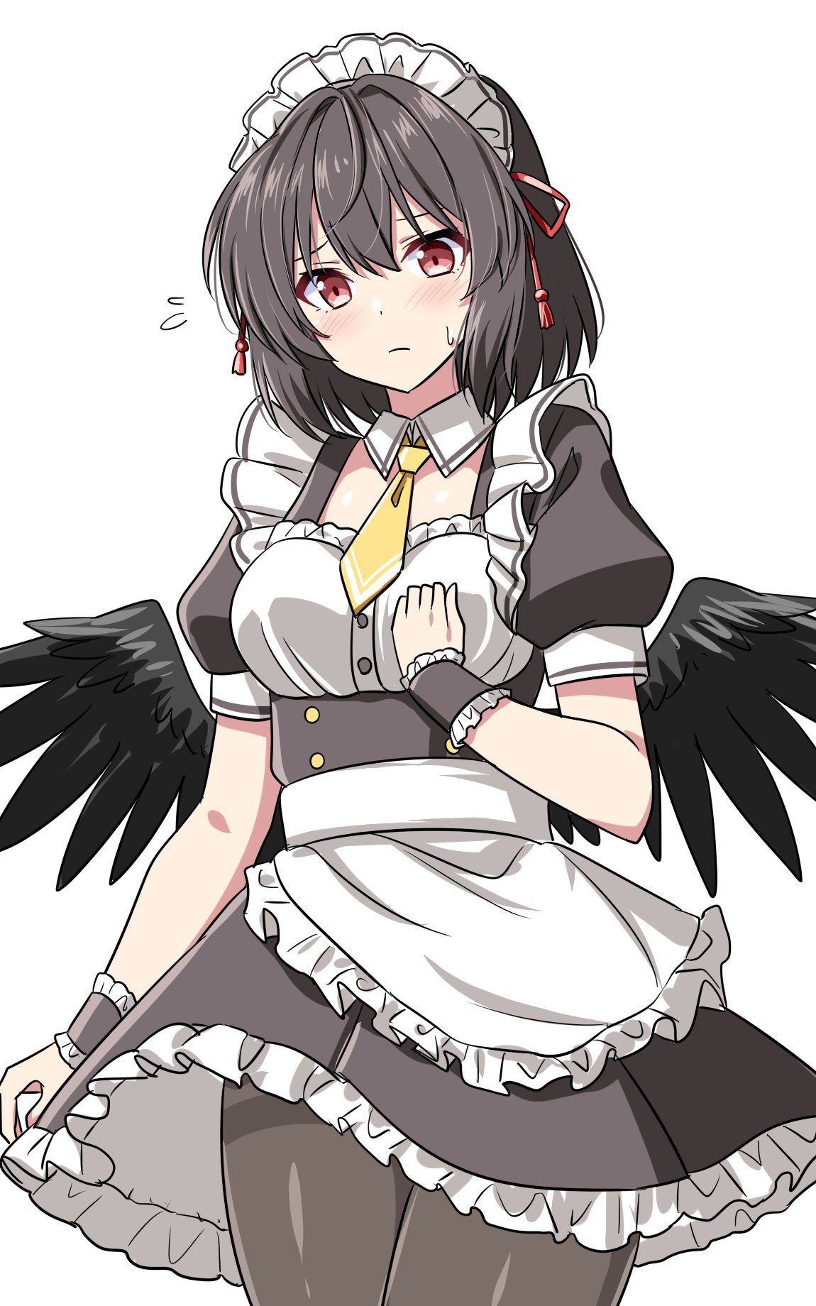1girl, alternate_costume, apron, bird_wings, black_pantyhose, black_wings, breasts, brown_hair, closed_mouth, commentary, enmaided, flying_sweatdrops, hand_on_own_chest, highres, long_hair, looking_at_viewer, maid, maid_headdress, necktie, pantyhose, puffy_short_sleeves, puffy_sleeves, red_eyes, rise_(rise19851203), shameimaru_aya, short_sleeves, solo, sweatdrop, touhou, waist_apron, white_apron, wings, wrist_cuffs, yellow_necktie