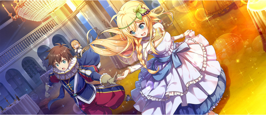 1boy, 2girls, :d, :o, ahoge, blonde_hair, blue_eyes, blue_sash