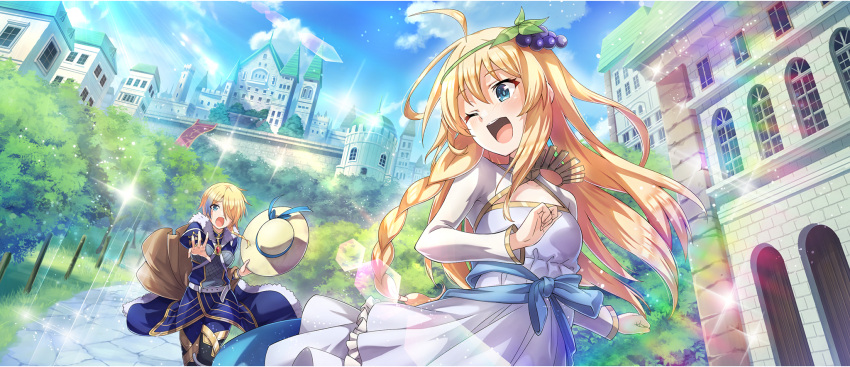 2girls, ;d, ahoge, armor, armored_dress, belt, blonde_hair, blue_dress