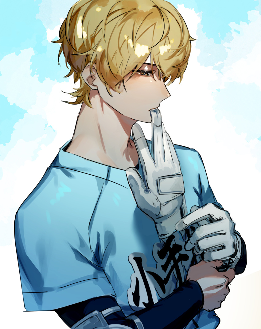 1boy, adjusting_clothes, adjusting_gloves, baseball_jersey, baseball_uniform, blonde_hair, blue_shirt, boukyaku_battery