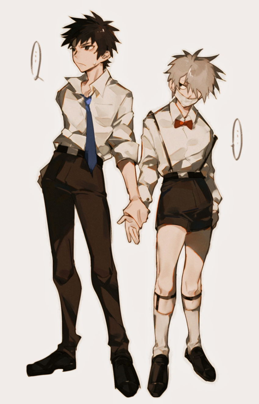 ..., 2boys, :/, alternate_costume, belt, black_belt, black_eyes, black_footwear, black_hair, black_pants, black_shorts, blue_necktie, bow, closed_mouth, collared_shirt, commentary, grey_background, grey_hair, hair_over_one_eye, hatake_kakashi, height_difference, highres, long_sleeves, male_focus, multiple_boys, naruto, naruto_(series), necktie, pants, red_bow, shirt, short_hair, shorts, simple_background, sleeves_rolled_up, socks, speech_bubble, spiky_hair, spoken_ellipsis, suspender_shorts, suspenders, sweat, symbol-only_commentary, tie_fei_wu_mang_dashuai, uchiha_obito, variant_set, white_shirt, white_socks