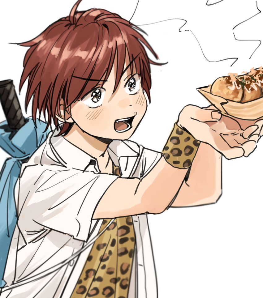 1boy, :o, ahoge, blush, brown_eyes, cheetah_print, coincoinco, collared_shirt