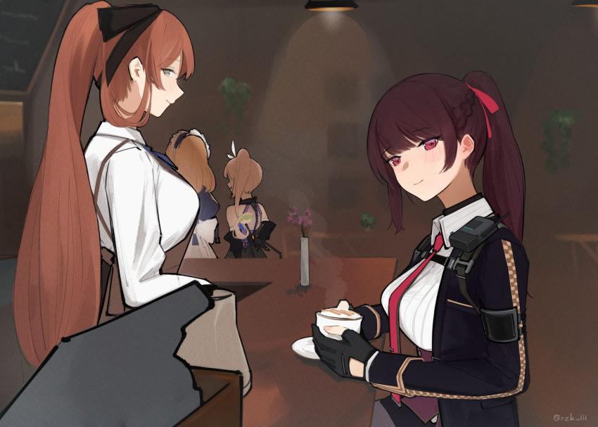 4girls, apron, bar_(place), black_gloves, black_jacket, black_ribbon, blonde_hair, blue_bow, bow, bowtie, breasts, brown_apron, cafe, closed_mouth, coffee, coffee_mug, collared_shirt, commentary, corset, cup, flower, g36_(girls'_frontline), girls'_frontline_2:_exilium, girls_frontline, gloves, green_eyes, green_hair, hair_ribbon, half_up_braid, highres, indoors, jacket, large_breasts, light_blush, light_smile, long_sleeves, looking_at_viewer, maid_headdress, makiatto_(girls'_frontline_2), mug, multicolored_hair, multiple_girls, orange_hair, pitcher, ponytail, profile, purple_corset, purple_hair, red_ribbon, ribbon, rzk_iii, sharkry_(girls'_frontline_2), shirt, side_ponytail, springfield_(girls'_frontline), streaked_hair, symbol-only_commentary, violet_eyes, wa2000_(girls'_frontline), walkie-talkie, white_shirt