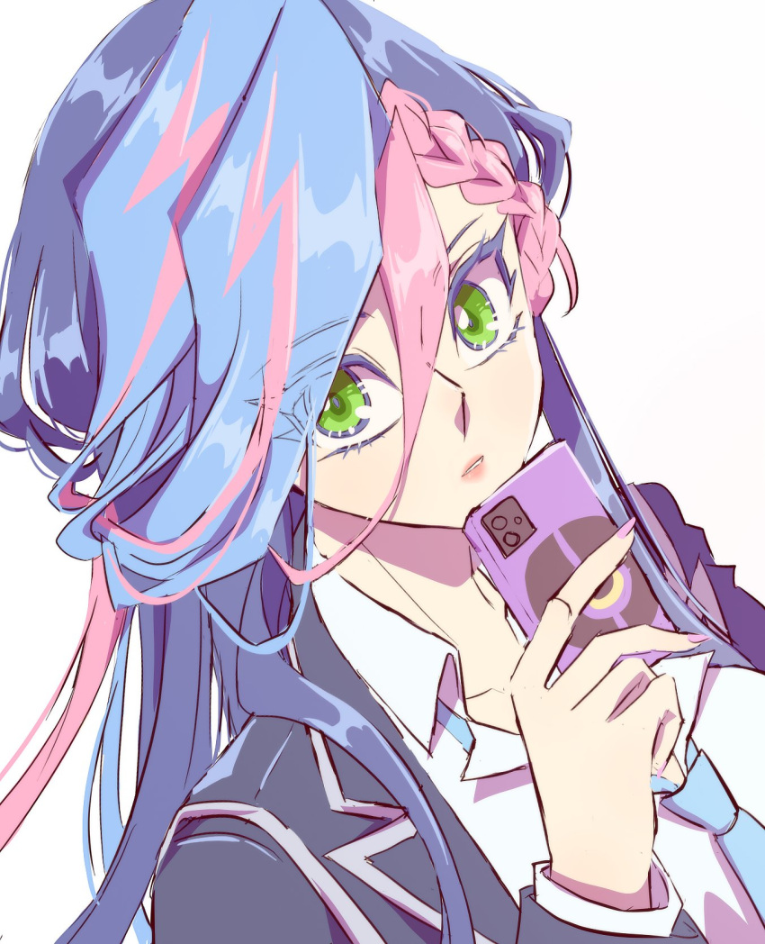 1girl, blue_hair, breasts, cellphone, fujiki_yusaku, genderswap, genderswap_(mtf), green_eyes