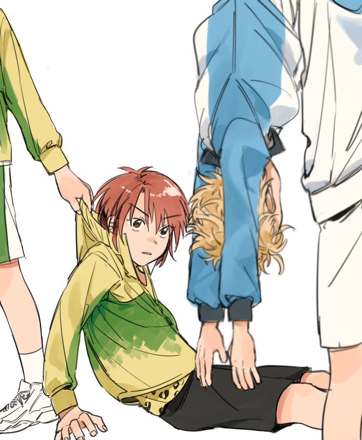 4boys, akutagawa_jirou, ankle_socks, blonde_hair, brown_eyes, carrying, carrying_over_shoulder, carrying_person