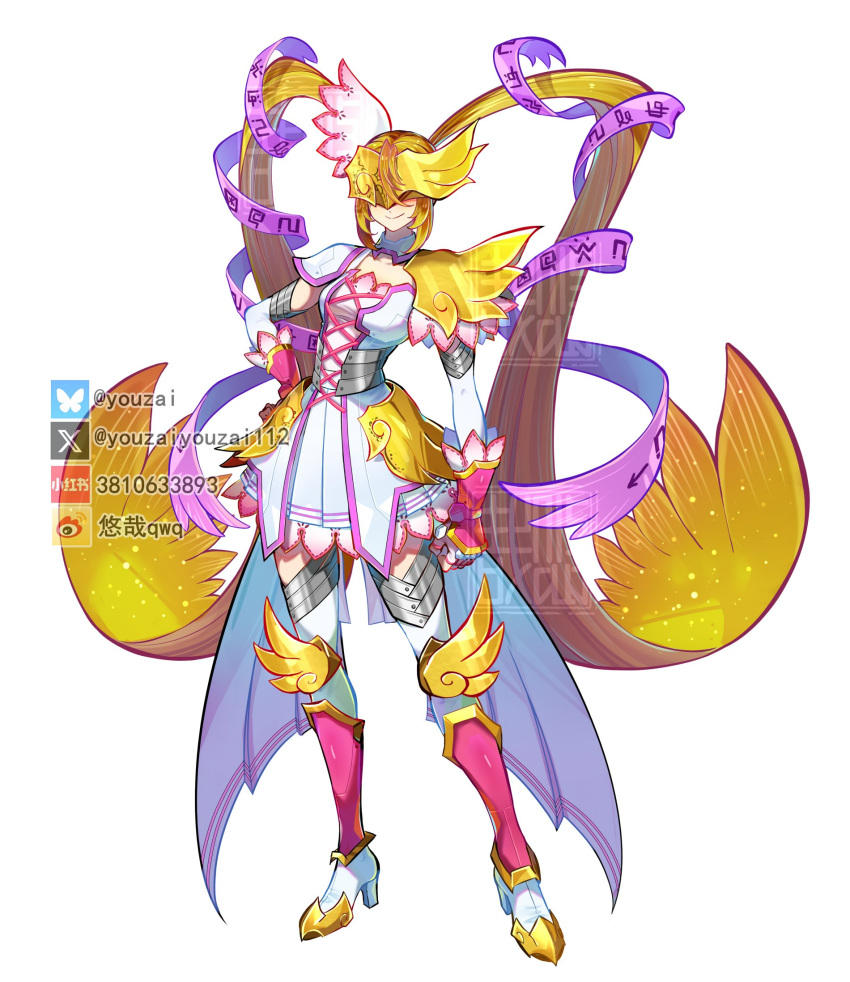 1girl, blonde_hair, breasts, covered_eyes, digimon, digimon_(creature), dress, full_body