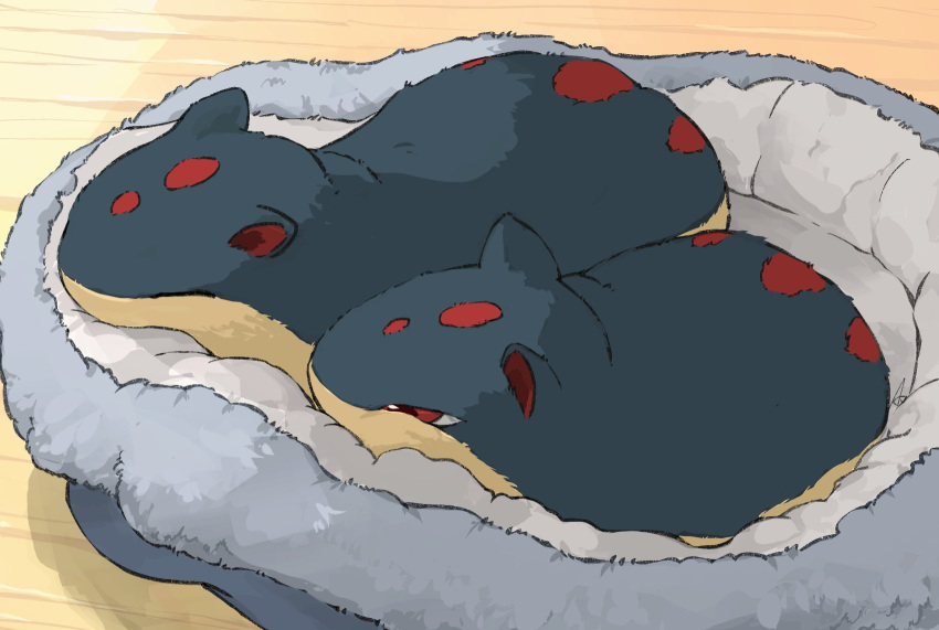 aomon_(yuuji7604), bedding_(animal_care), full_body, highres, indoors, looking_at_another, no_humans, pokemon, pokemon_(creature), quilava, red_eyes, sleeping, wooden_floor