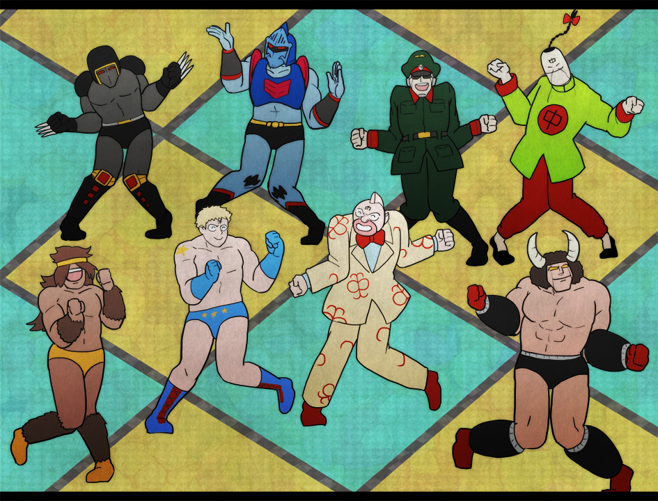 6+boys, afro, bear_claws, blonde_hair, boots, bow, bowtie, brocken_jr.