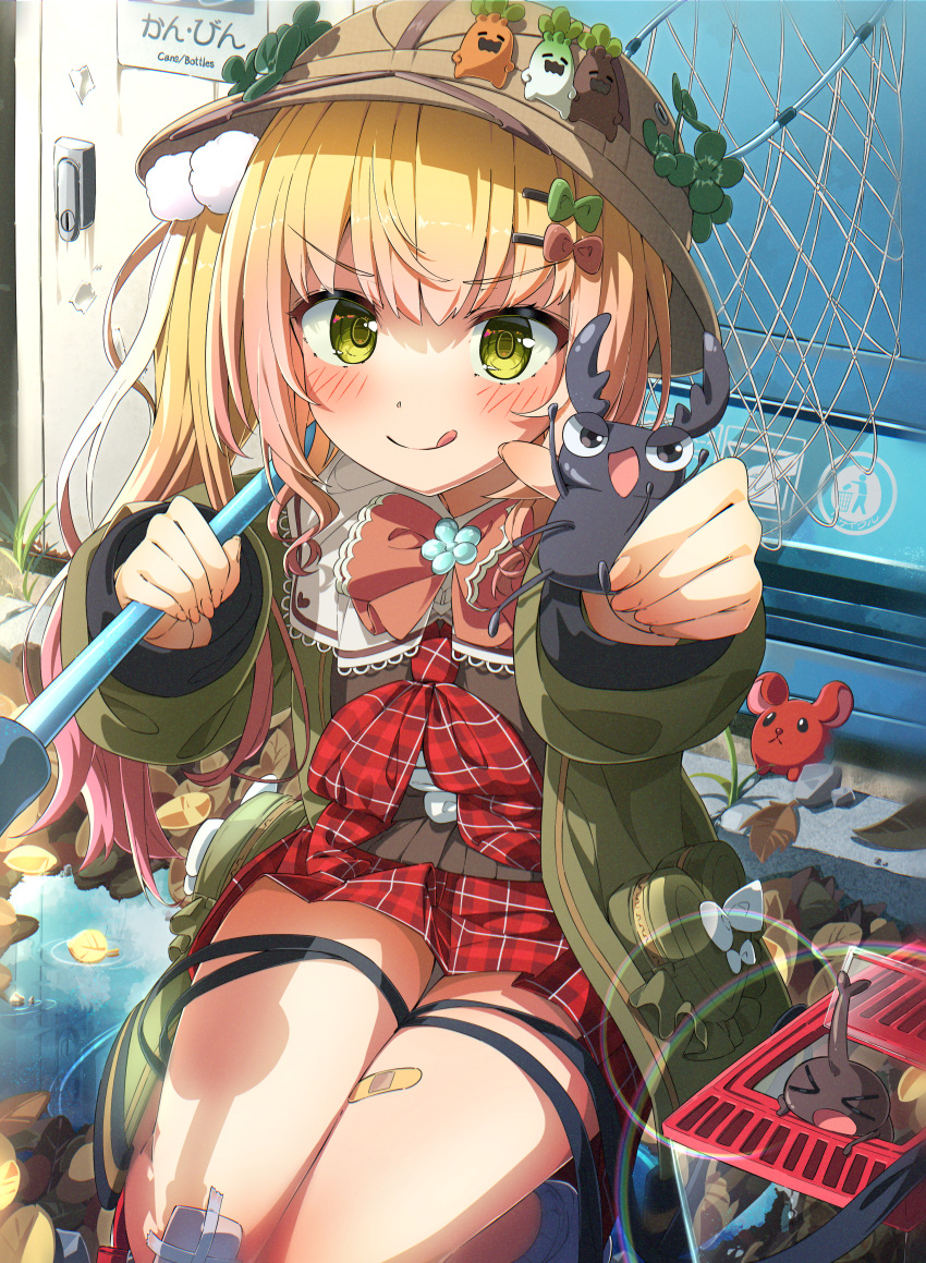 1girl, absurdres, ama_rei, autumn_leaves, bandaid, bandaid_on_leg, beetle, blonde_hair