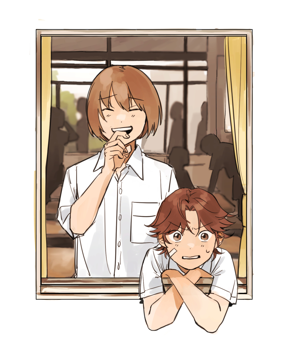 2boys, :d, ^_^, bandage_on_cheek, border, breast_pocket, brown_eyes, brown_hair