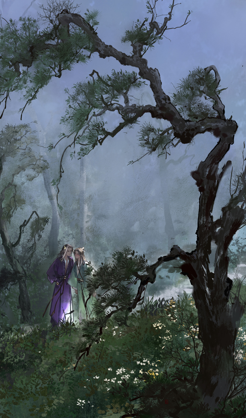 2boys, black_hair, brown_hair, chinese_clothes, eye_contact, flower, foliage, full_body