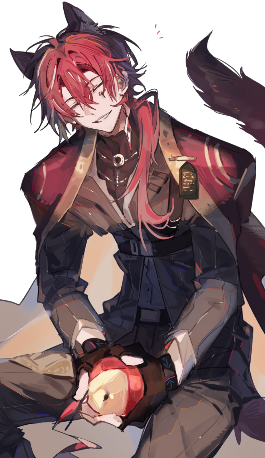 1boy, animal_ears, apple, arknights, black_gloves, black_jacket, black_shirt, cape