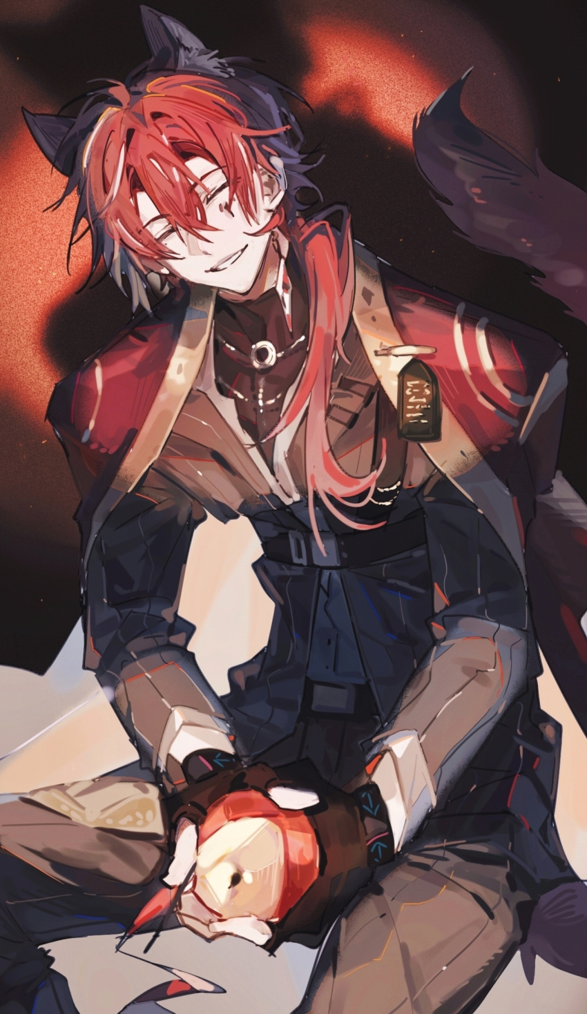 1boy, animal_ears, apple, arknights, black_gloves, black_jacket, black_shirt, cape