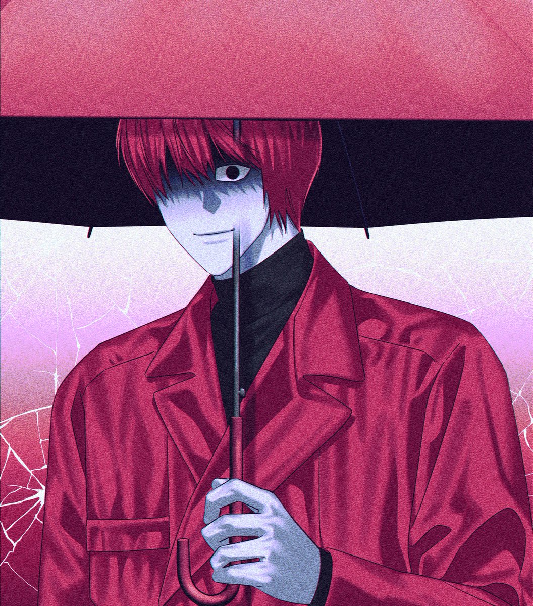 black_eyes, coat, commentary_request, hand_up, highres, holding, holding_umbrella, homicipher, korean_commentary, looking_at_viewer, mr._scarletella, n_gb00, pink_background, red_coat, red_hair, red_umbrella, short_hair, smile, umbrella