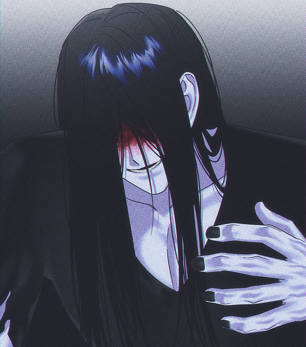 1boy, black_hair, black_kimono, black_nails, blood, blood_on_face, commentary_request, gradient_background, grey_background, highres, homicipher, japanese_clothes, kimono, korean_commentary, long_hair, male_focus, mr._crawling, n_gb00, solo, upper_body