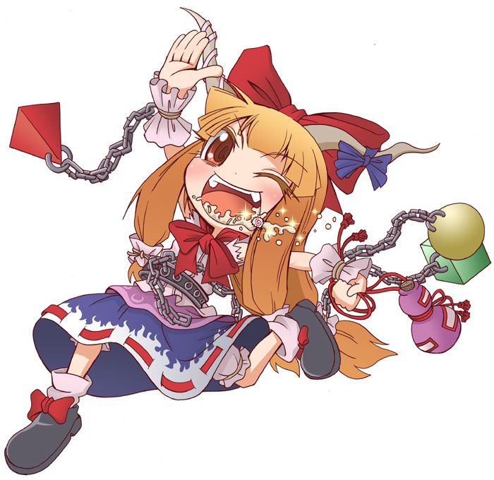 blonde_hair, bow, chain, chains, emu_(toran), food, food_in_mouth, gourd