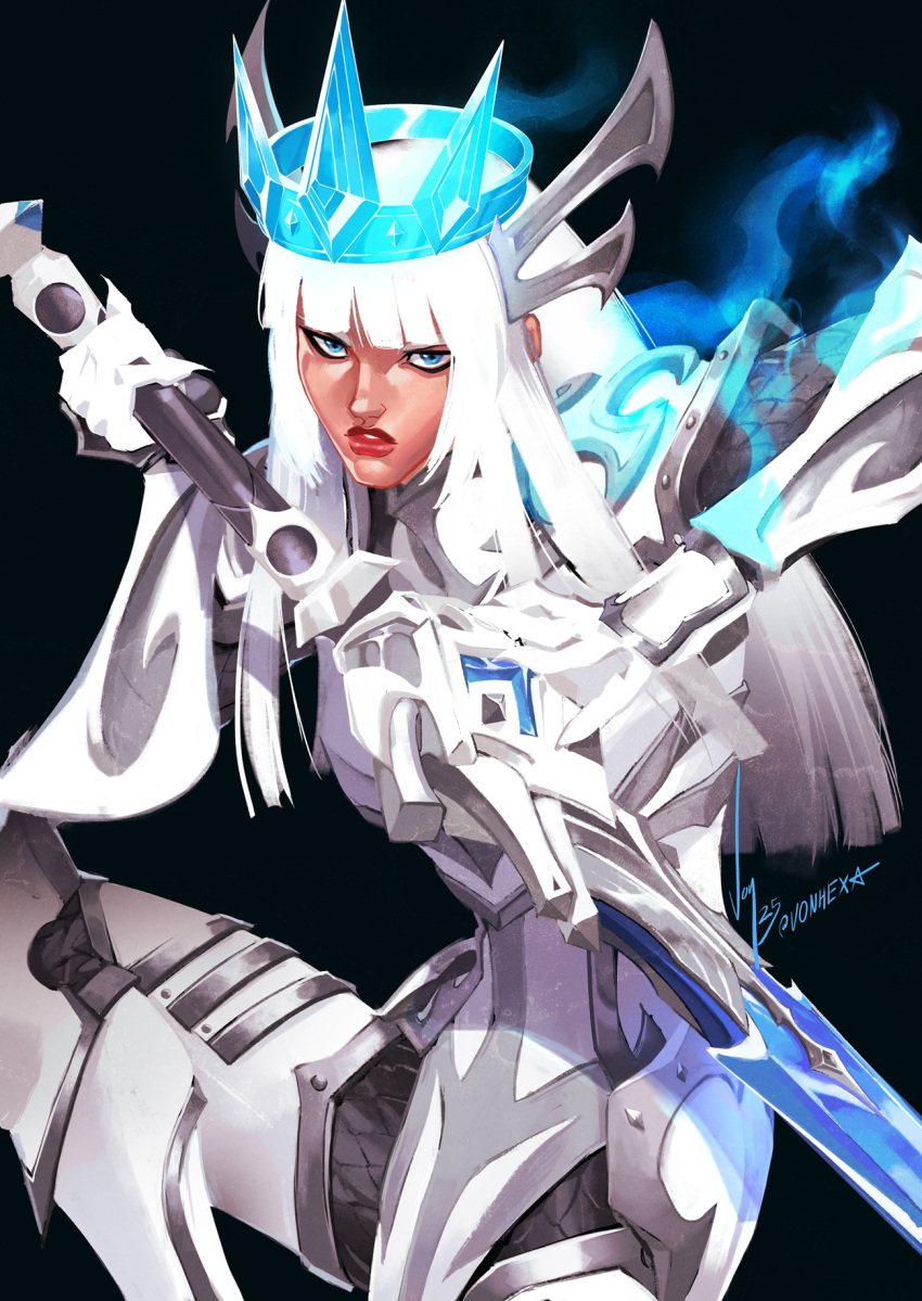 1girl, armor, blue_eyes, crown, fire, gauntlets, gloves, highres, hime_cut, holding, holding_sword, holding_weapon, long_hair, looking_at_viewer, magic, magik_(eldritch_armor)_(x-men), magik_(x-men), marvel, marvel_rivals, official_alternate_costume, shoulder_armor, solo, sword, vontvirus, weapon, white_hair, x-men