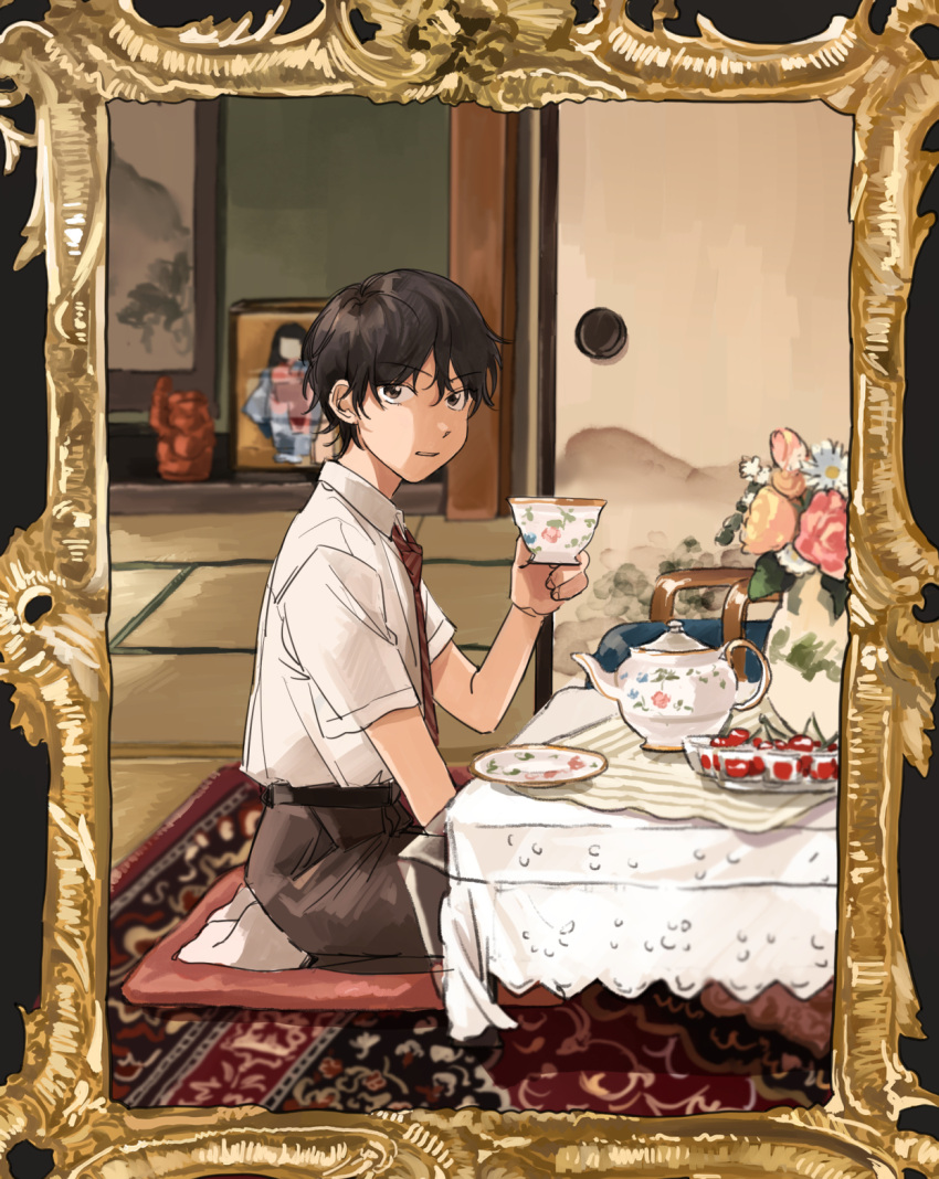 1boy, backlighting, belt, black_hair, brown_eyes, brown_pants, chabudai_(table), coincoinco