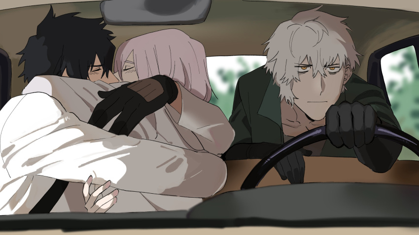 1girl, 2boys, arm_around_neck, bags_under_eyes, black_gloves, black_hair, car_interior, closed_mouth, fate/grand_order, fate_(series), fujimaru_ritsuka_(male), fujimaru_ritsuka_(male)_(decisive_battle_chaldea_uniform), gloves, green_jacket, grey_hair, hair_between_eyes, hand_up, hetero, highres, hitman's_wife's_bodyguard, hug, hunyangzi, jacket, kadoc_zemlupus, kiss, long_sleeves, looking_ahead, mash_kyrielight, multiple_boys, parody, pink_hair, scene_reference, short_hair, steering_wheel, third_wheel, white_jacket, yellow_eyes