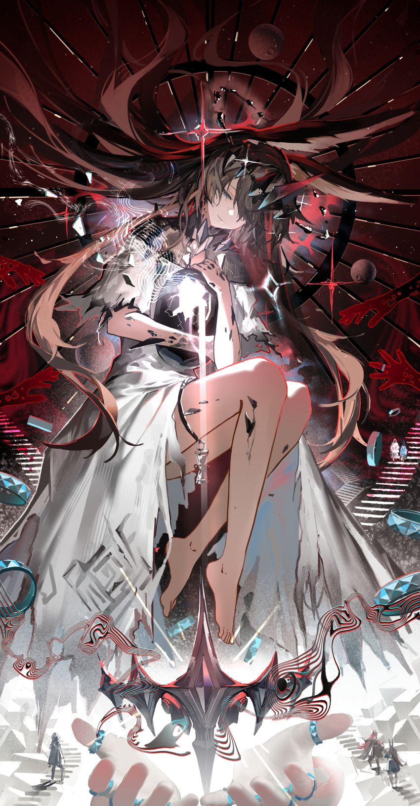 1girl, abstract_background, absurdres, amiya_(arknights), arknights, bare_legs, barefoot, brown_hair