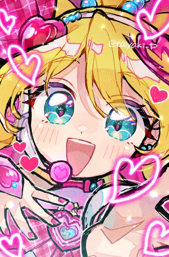 1girl, blonde_hair, blue_eyes, blush, bow, brooch, collar, cure_idol