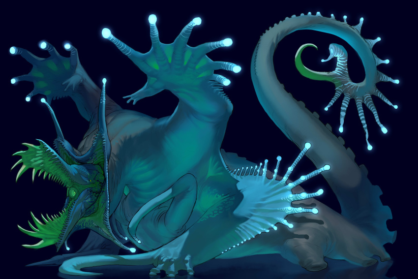absurdres, animal_focus, bioluminescence, blue_background, devilman1480, extra_mouth, eye_in_mouth, from_side