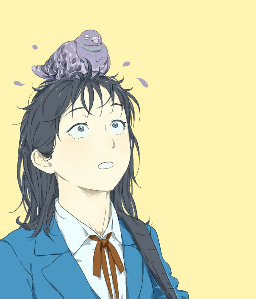 1girl, :o, animal_on_head, bird, bird_on_head, black_hair, blazer, blue_jacket