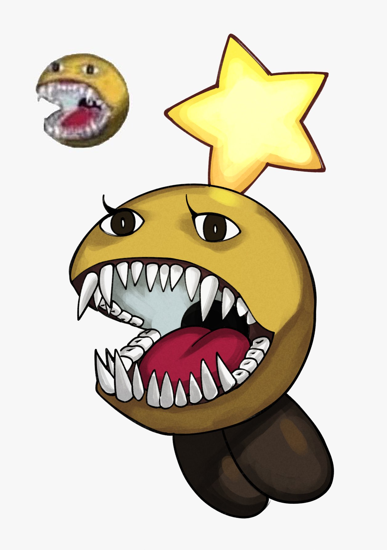 1girl, colored_skin, cursed_emoji, grey_background, highres, mario_&amp;_luigi_rpg, no_humans, open_mouth