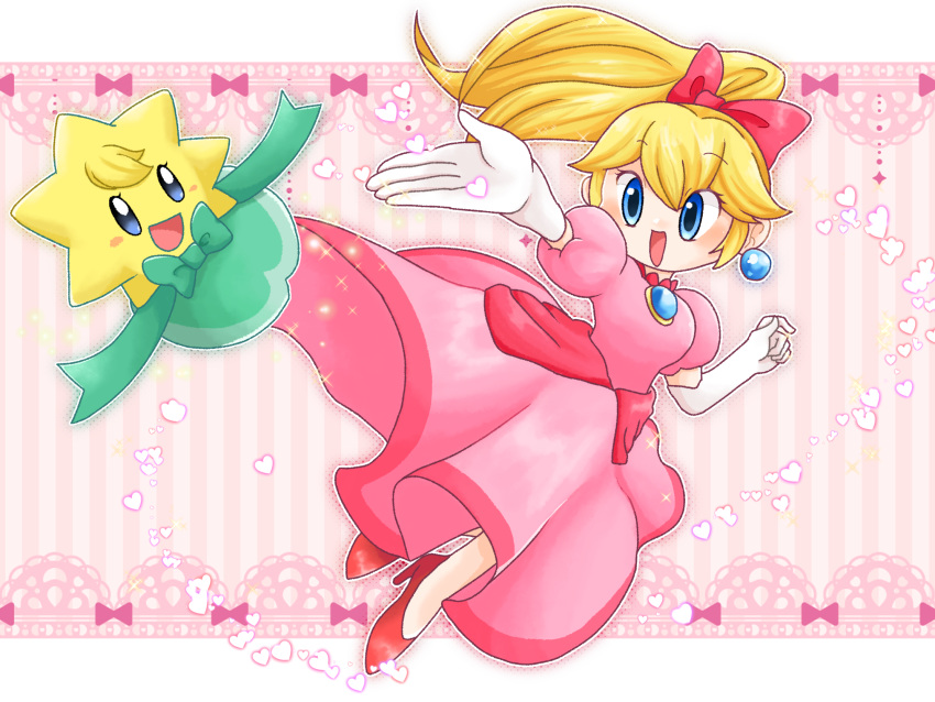 1girl, blonde_hair, blue_eyes, blush_stickers, dress, earrings, elbow_gloves, gloves