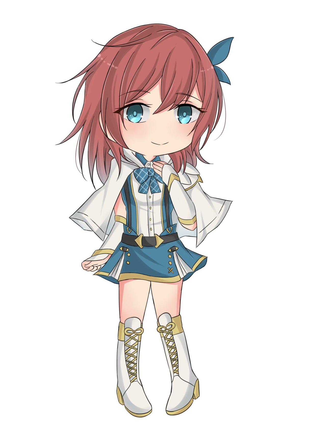 1girl, armor, asagiri_ririko, bad_source, blue_eyes, blue_ribbon, blue_skirt, chibi