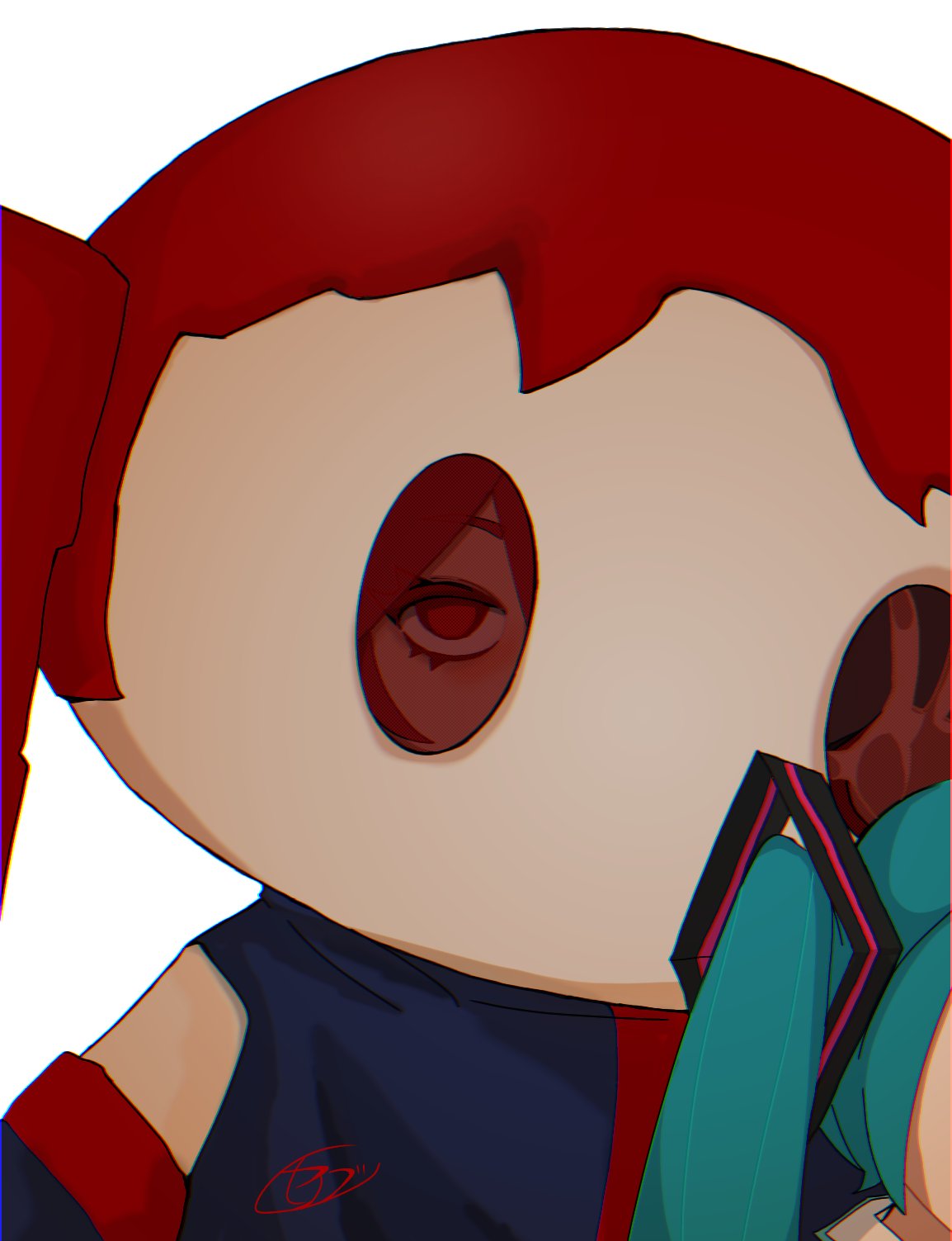 2girls, blue_hair, blursed_jollibee_mascot_suit_(meme), hatsune_miku, highres, hito_mania_(utau), kasane_teto, long_hair, looking_at_viewer, mascot_costume, meme, multiple_girls, photo-referenced, red_eyes, red_trim, seibutsu_(kaibu23_seibutu), staring, twintails, utau, very_long_hair, vocaloid