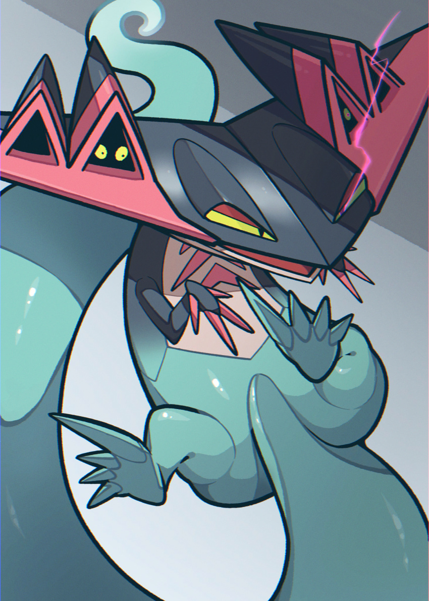 alu_illust, aru_(citrine_drplt), black_eyes, colored_sclera, dorsal_fin, dragapult, dreepy, gradient_background