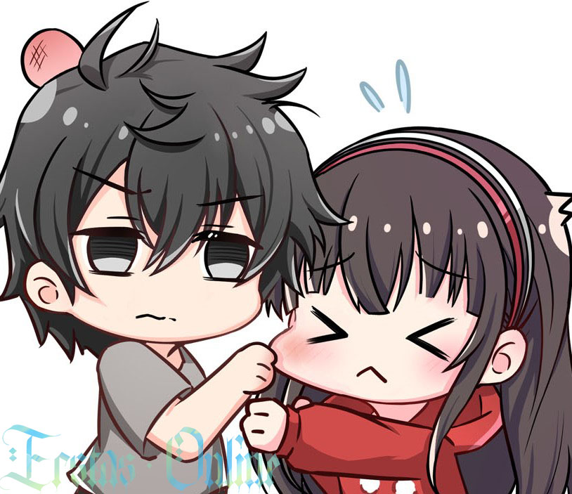 1boy, 1girl, bad_source, black_eyes, black_hair, cheek_pinching, chibi, doumeguri_kakeru