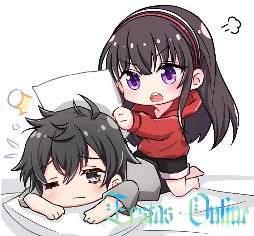 1boy, 1girl, bad_source, black_eyes, black_hair, chibi, doumeguri_kakeru, ecstas_online