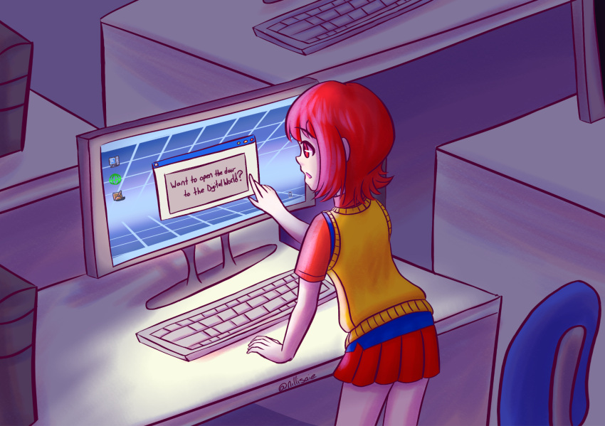 chair, computer, computer_keyboard, cpu, desk, digimon, digimon_story, english_text, female_protagonist_(digimon_story), highres, monitor, nillisaie, red_eyes, red_hair, short_hair, skirt, sweater