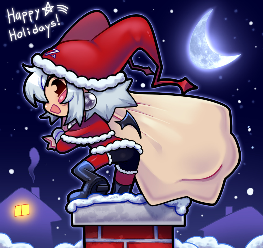 bat_wings, digital_media, grey_hair, highres, mayura, night, night_sky, noa_boyee, santa_costume, santa_dress, santa_hat, smiling, snow, snowing, solo, ukagaka