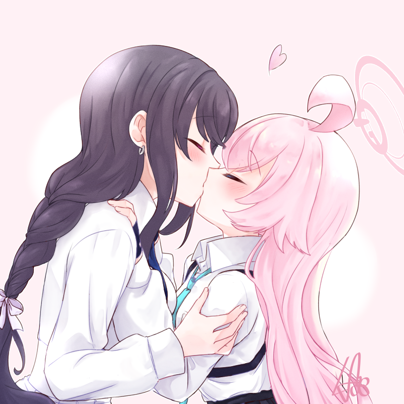 2girls, ahoge, black_gloves, black_hair, blue_archive, blue_necktie, collared_shirt, earrings, female_sensei_(blue_archive), fingerless_gloves, from_side, gloves, halo, heart, hoshino_(blue_archive), jewelry, kiss, long_hair, long_sleeves, multiple_girls, necktie, pink_hair, pink_halo, rarasa_(rarasa), sensei_(blue_archive), shirt, white_shirt, yuri