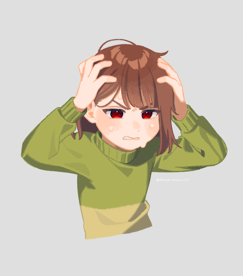 1other, ake_blood, brown_hair, chara_(undertale), clenched_teeth, cropped_torso, green_sweater, grey_background