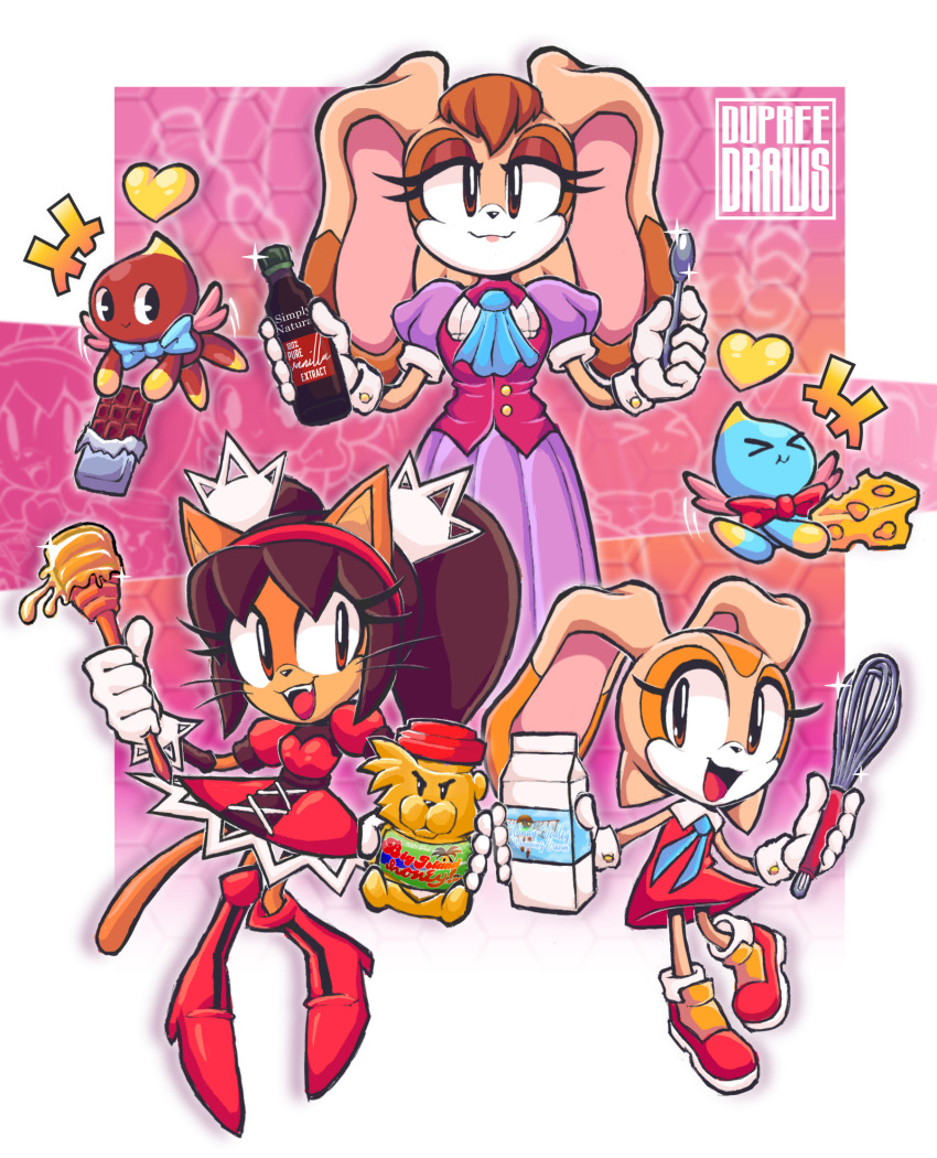 3girls, animal_ears, baking, bark_the_polar_bear, black_hair, brown_eyes, cat_ears, cat_girl, chao_(sonic), cheese, cheese_(sonic), child, chocola_(sonic), chocolate, commentary, cooking, cream_the_rabbit, dress, dupreeedraws, english_commentary, food, furry, furry_female, happy, highres, holding, holding_whisk, honey_dipper, honey_the_cat, mother_and_daughter, multiple_girls, name_connection, neutral_chao, object_namesake, open_mouth, rabbit_ears, rabbit_girl, red_dress, smile, sonic_(series), sonic_the_fighters, sonic_the_hedgehog_(classic), twintails, vanilla_extract, vanilla_the_rabbit, whisk
