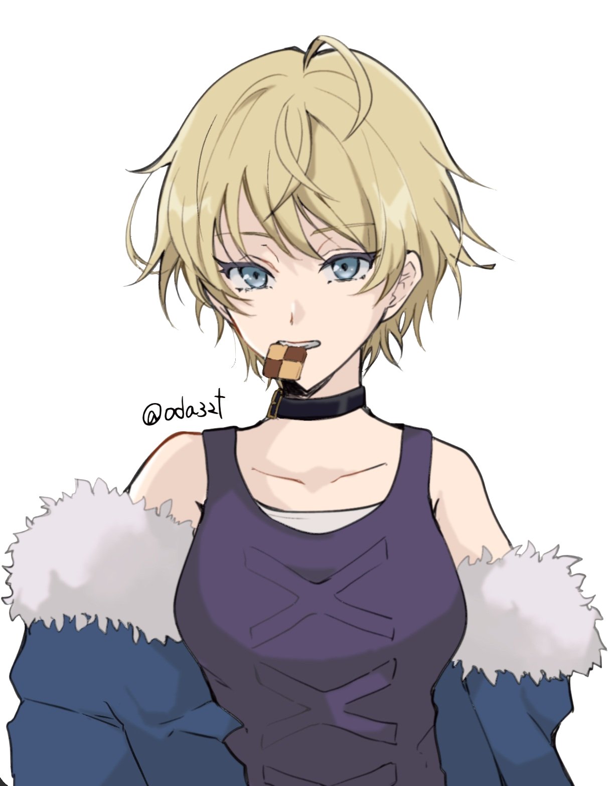 1girl, bare_shoulders, black_choker, black_shirt, blonde_hair, blue_eyes, blue_jacket, choker, collarbone, fire_emblem, fire_emblem_engage, food_in_mouth, highres, jacket, looking_at_viewer, merrin_(fire_emblem), oda32t, off_shoulder, shirt, short_hair, sleeveless, sleeveless_shirt, solo, teeth, twitter_username, upper_body