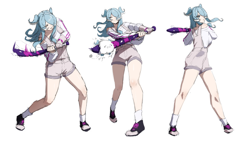 1girl, :o, absurdres, aqua_eyes, baseball_bat, blue_hair, closed_eyes, daydarion